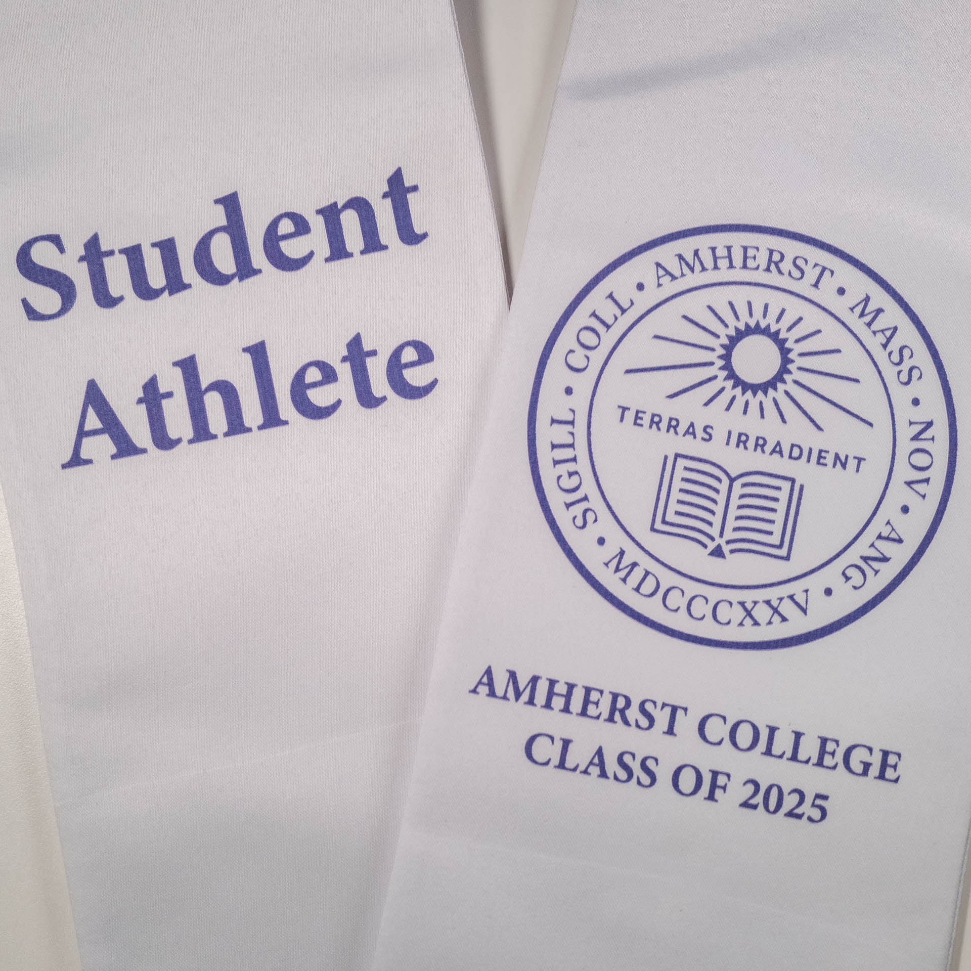White stole with 'Student Athlete' and Amherst College seal and text.
